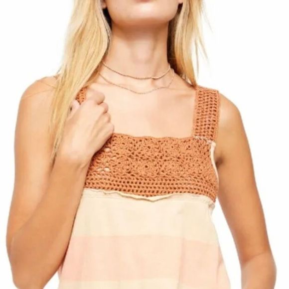 Free People, Luca Linen Blend Crochet Tunic Top, Orange, Size M - Picture 2 of 9